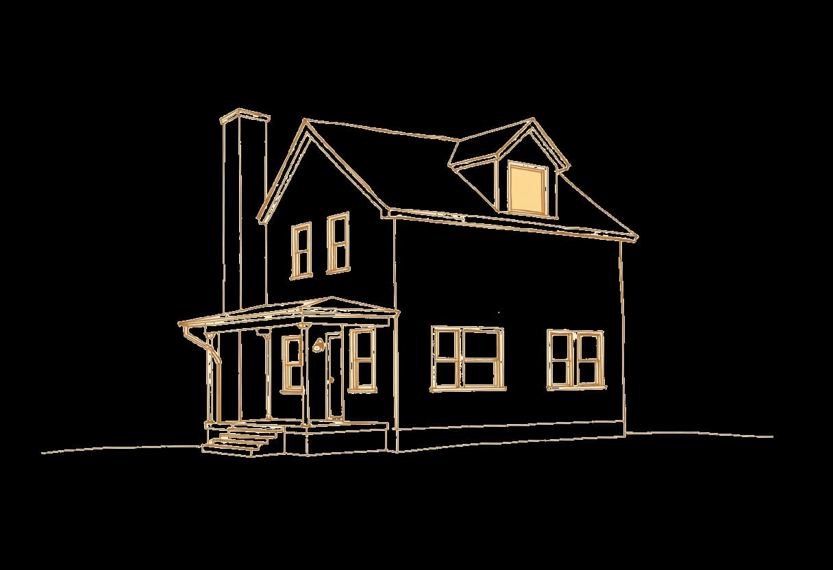 A line drawing of a cozy two-story house, one upstairs window lit from within