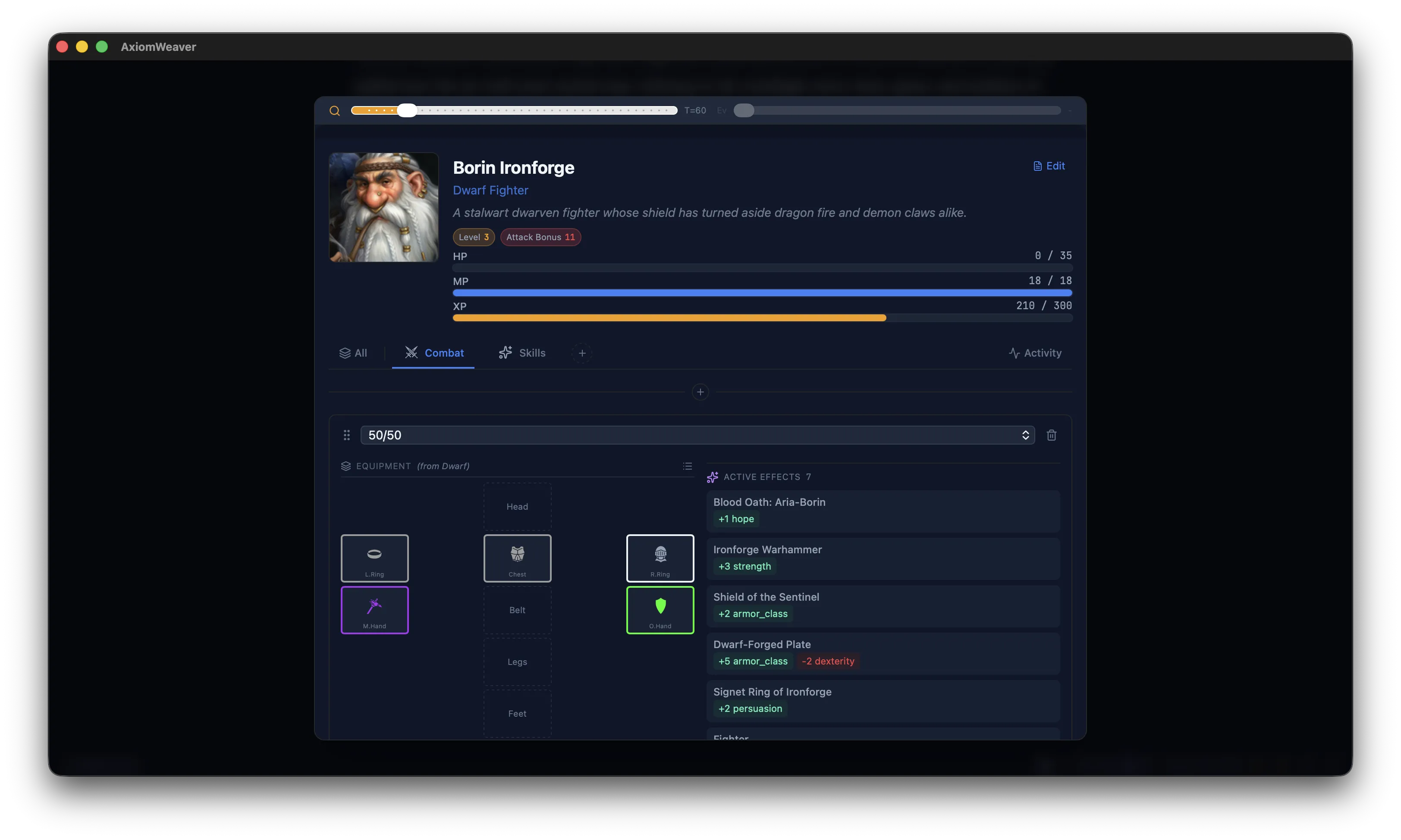 Entity sheet showing Borin Ironforge with portrait, stats, equipment, and active effects