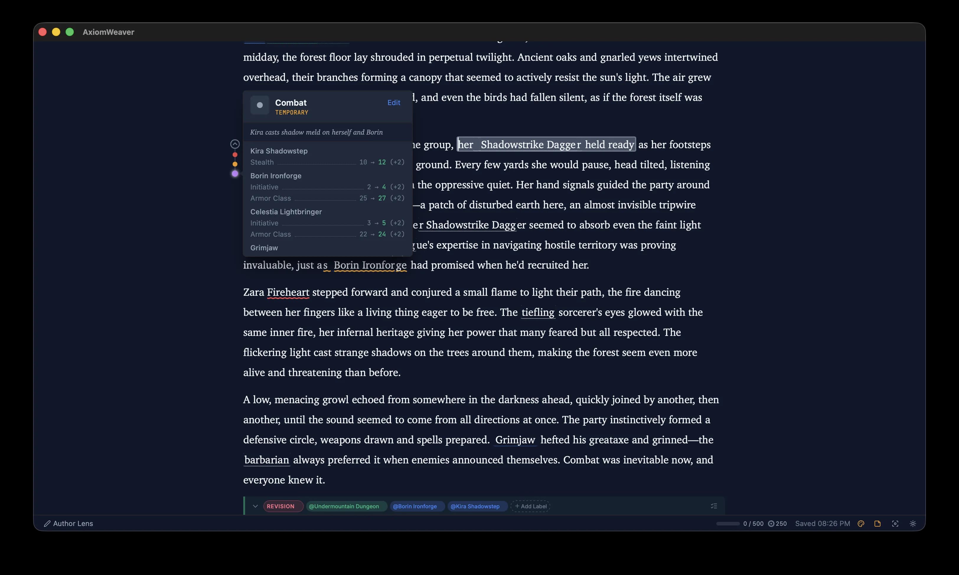 Editor showing inline combat tooltip with stat changes for multiple characters