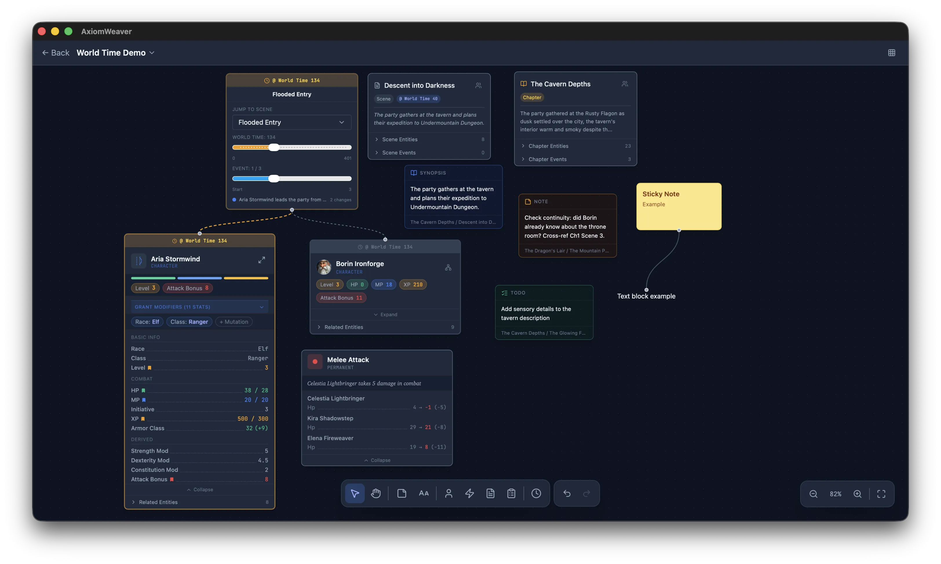 Corkboard view with entity cards, sticky notes, and scene summaries