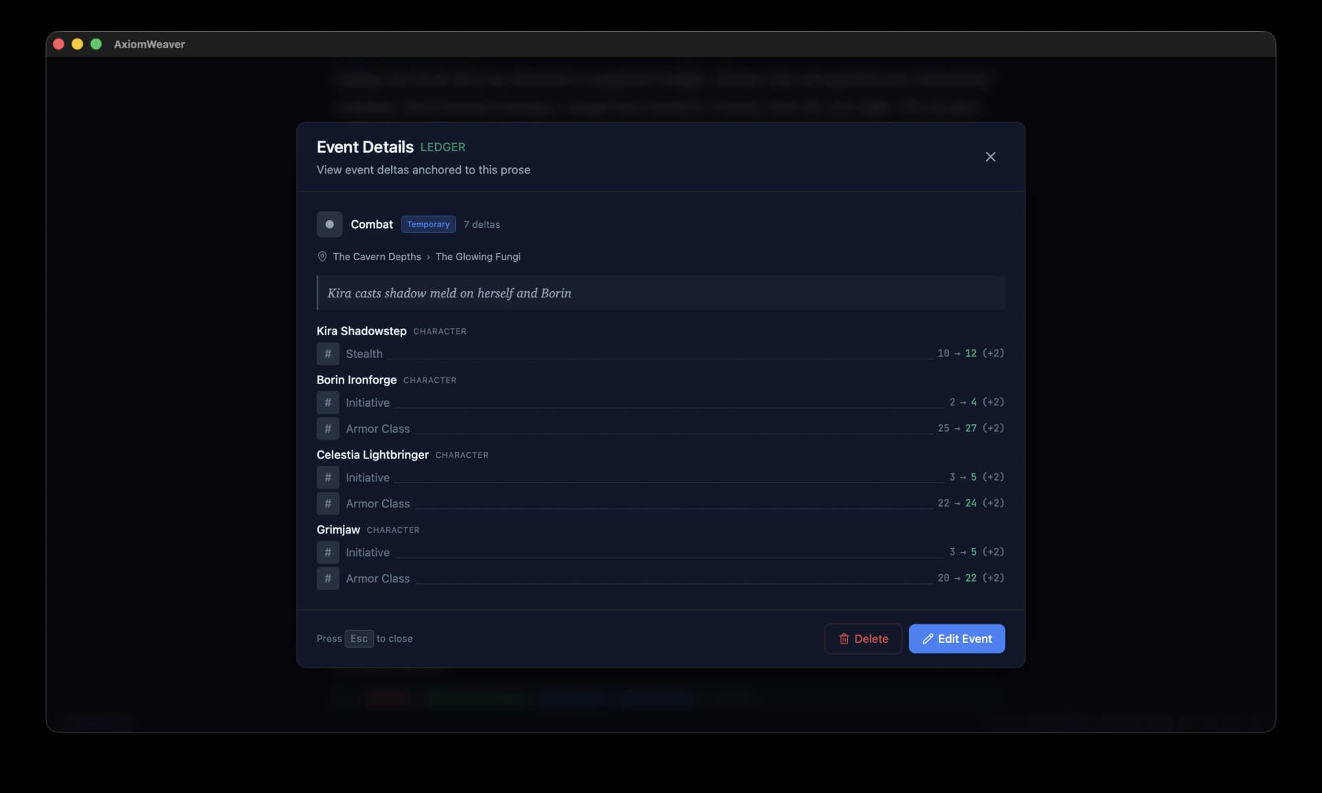 AxiomWeaver event editor showing multiple character stat deltas
