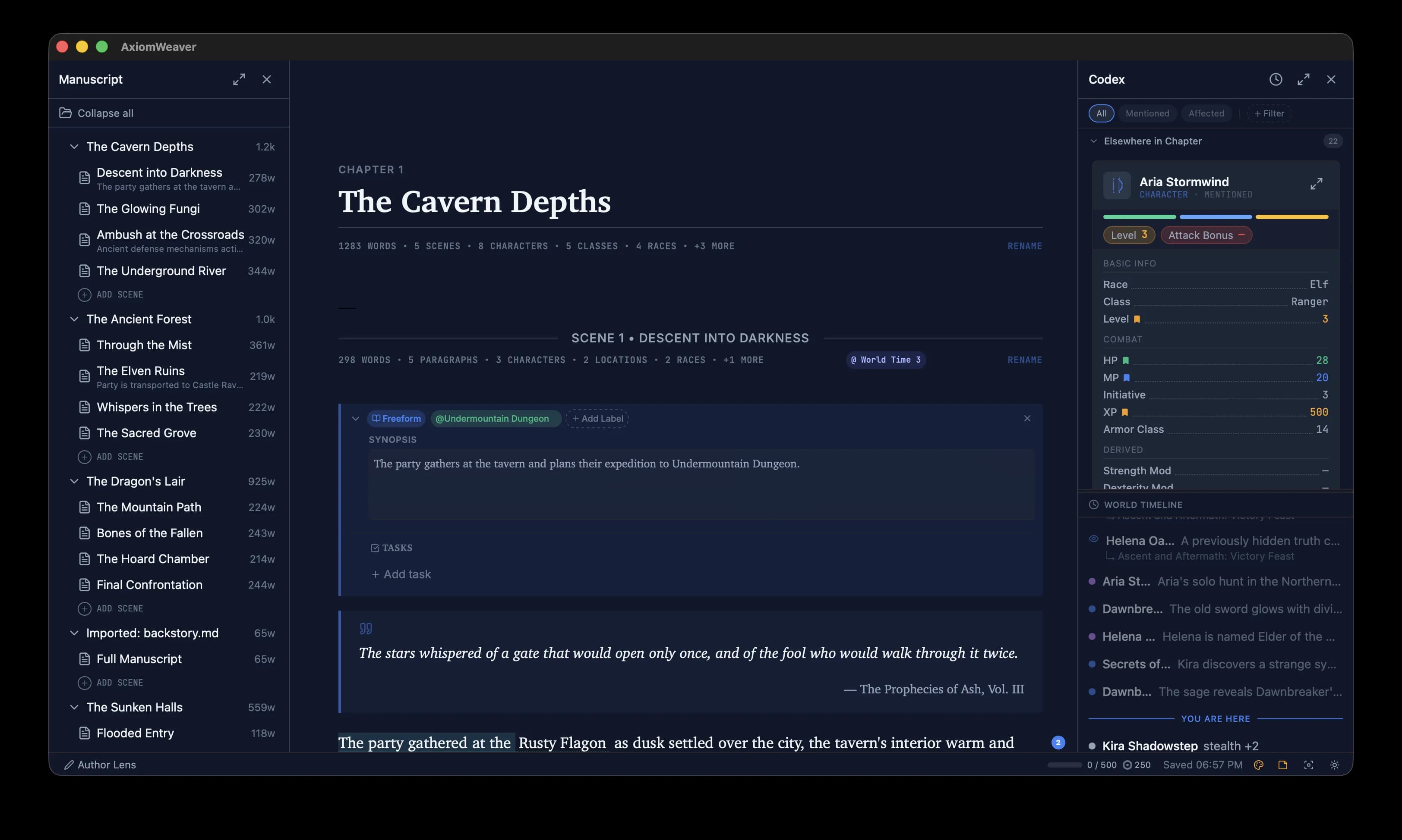 AxiomWeaver full editor with manuscript tree and Codex panel
