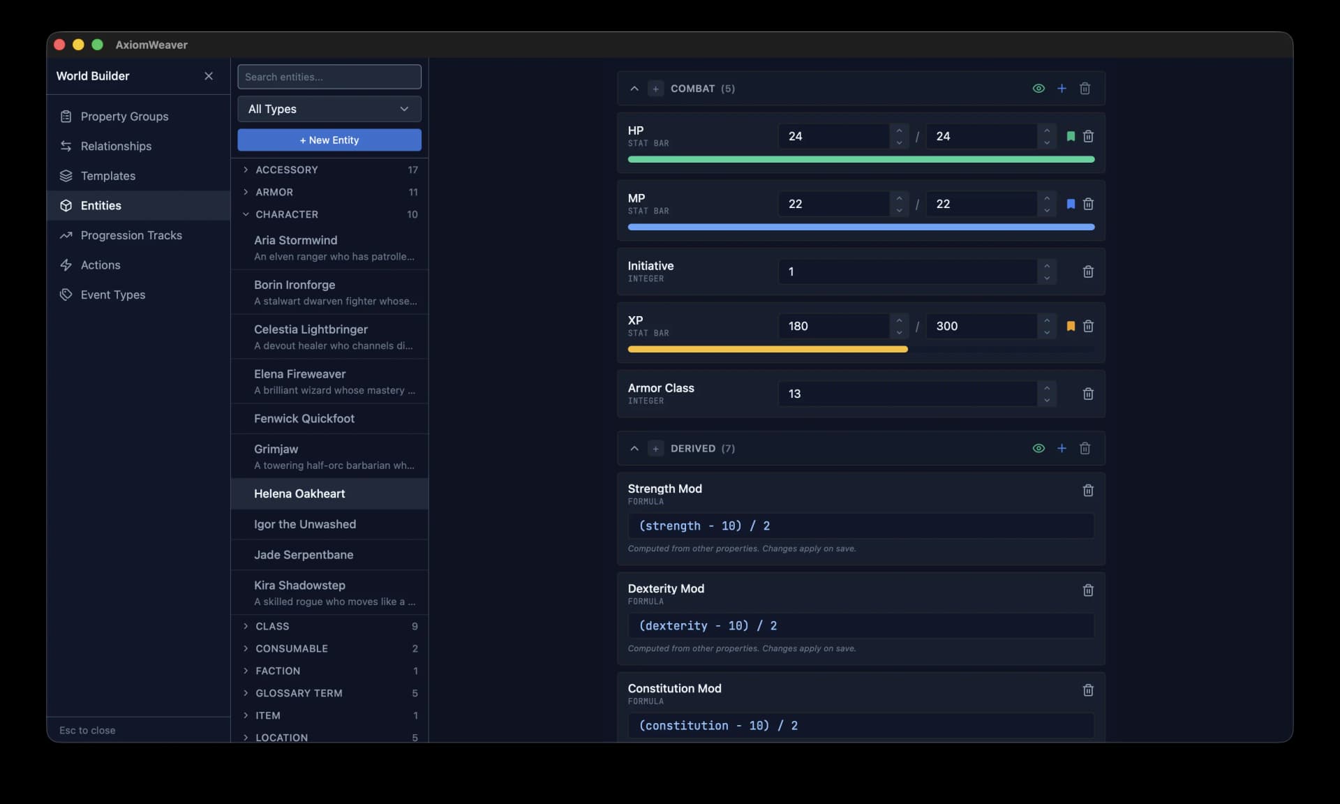 AxiomWeaver World Builder showing stat bars, derived properties, and formulas