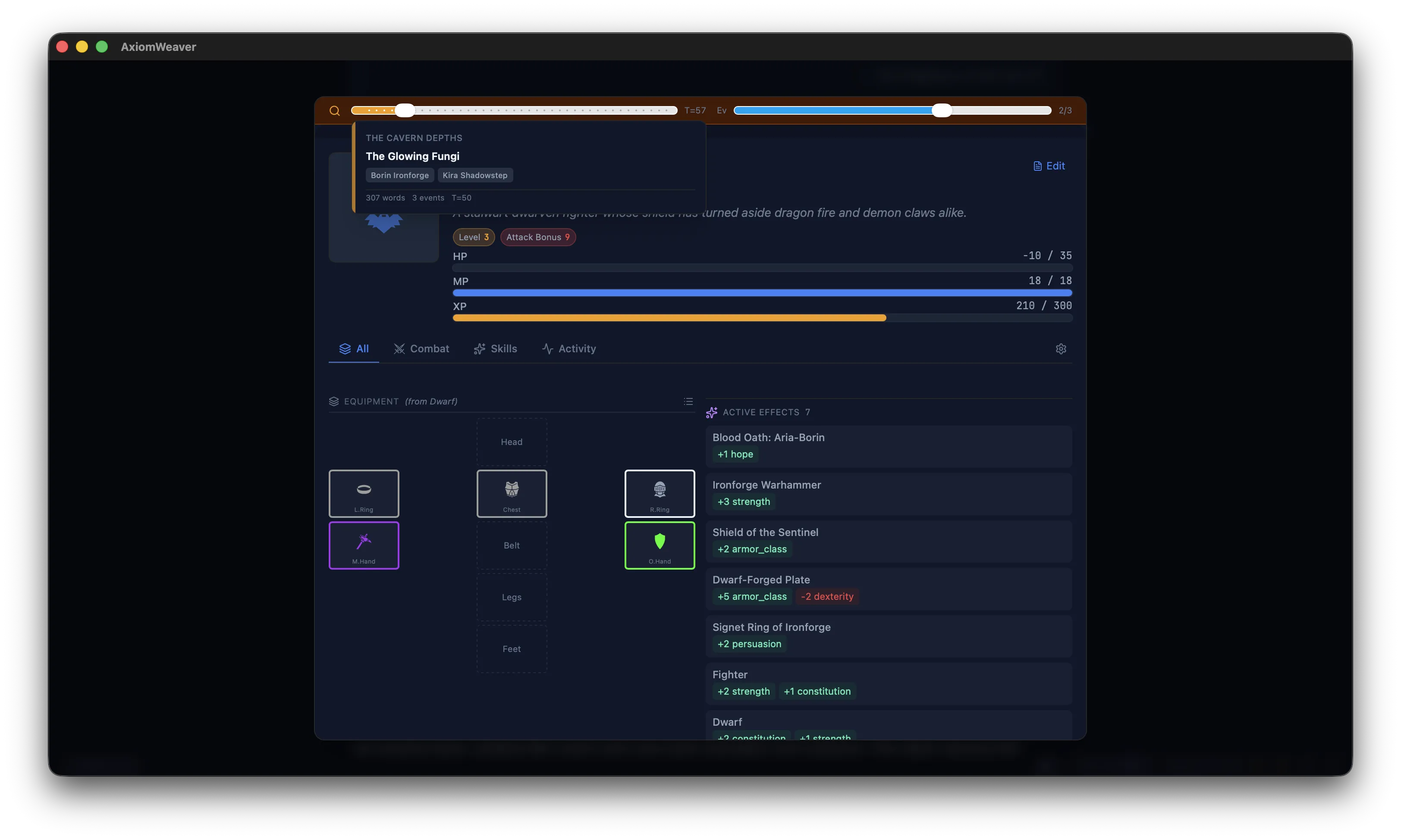 Entity sheet with timeline scrubber showing stats at a specific scene