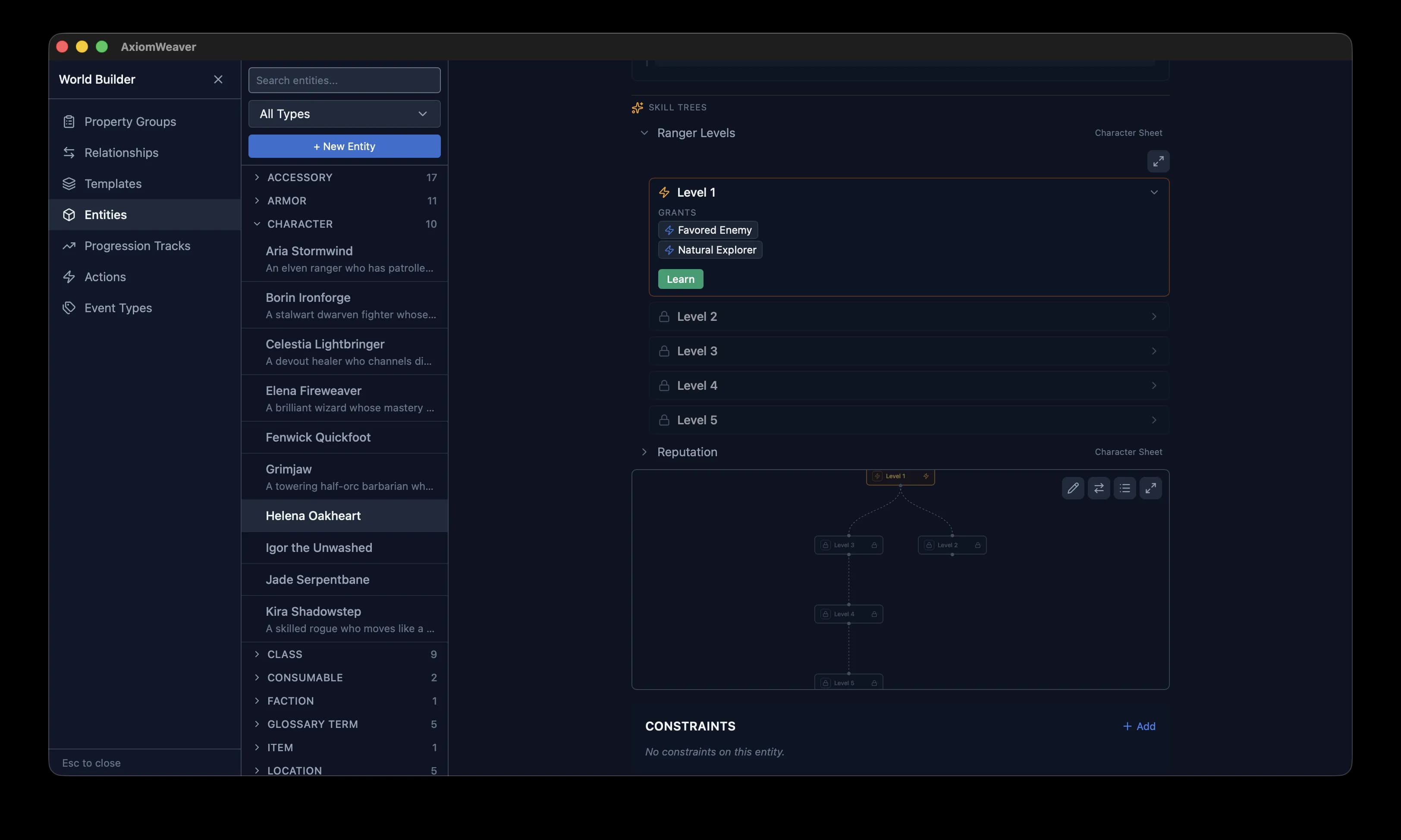 World Builder showing skill tree tiers with grants and visual progression diagram