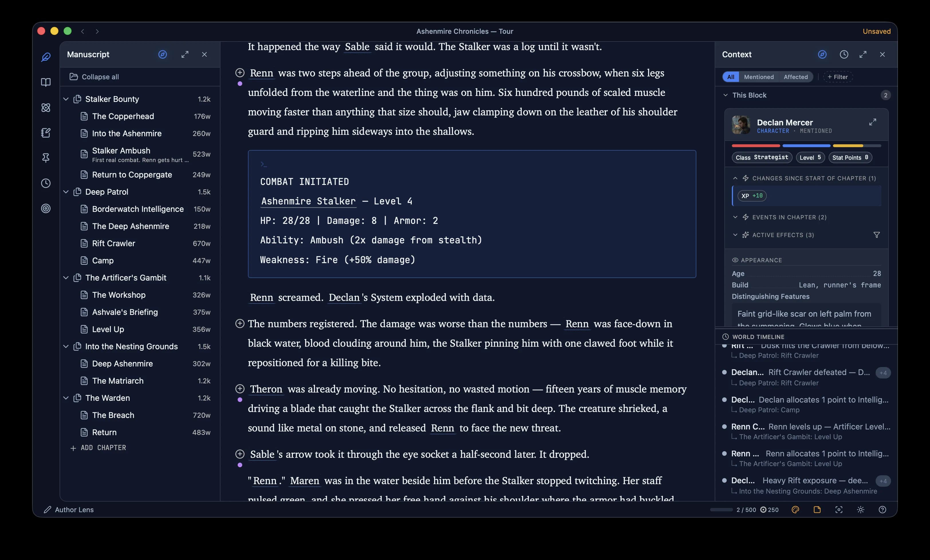 Understory editor with the world context panel open beside the prose