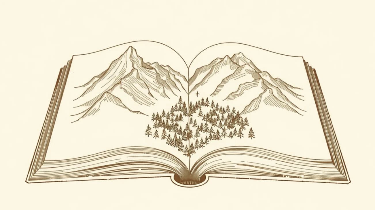 A detailed illustration of a forest understory — layered ferns, moss, and roots beneath a canopy