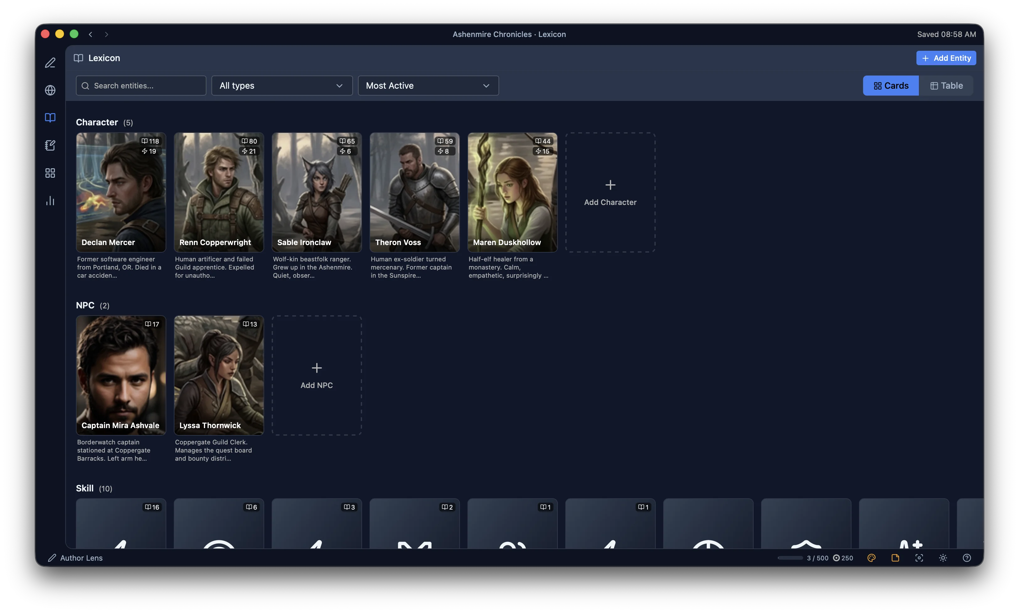 The Lexicon view in AxiomWeaver — entity cards grouped by type, activity bar on the left