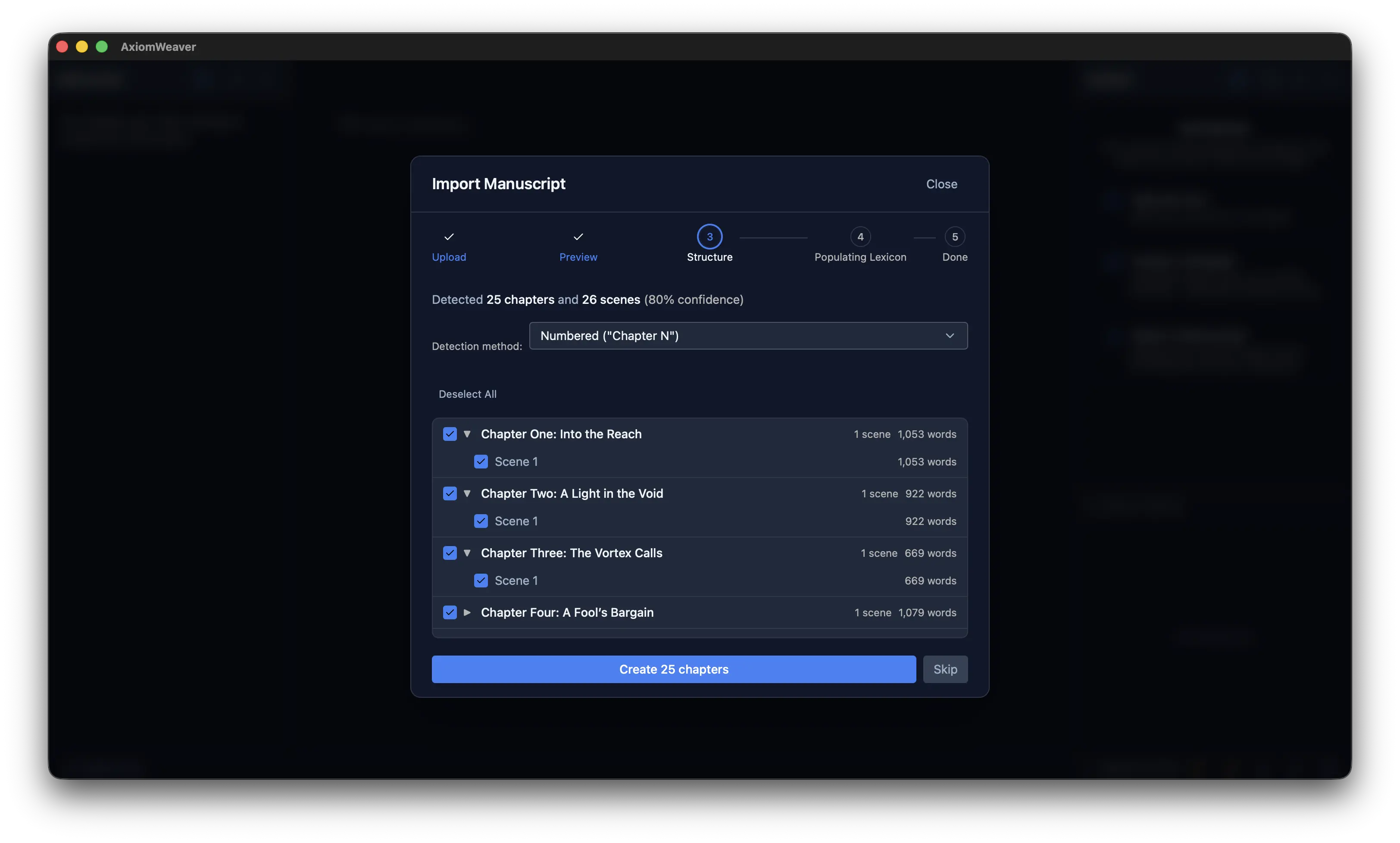 Structure detection: 25 chapters and 26 scenes detected at 80% confidence, shown as a tree with chapter titles and word counts.