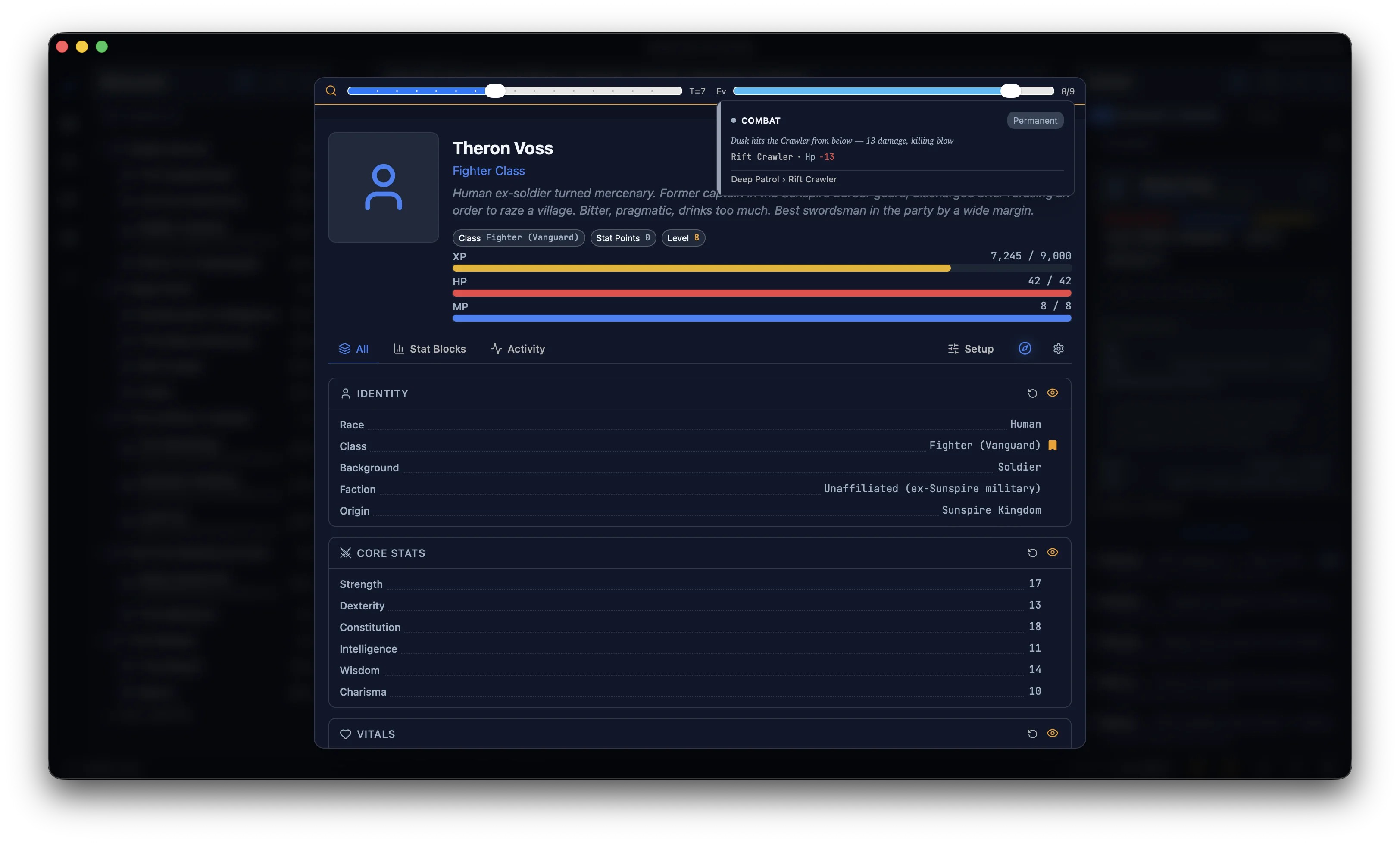 Theron Voss's character sheet before a single XP event — the event scrubber is positioned just before the gain.