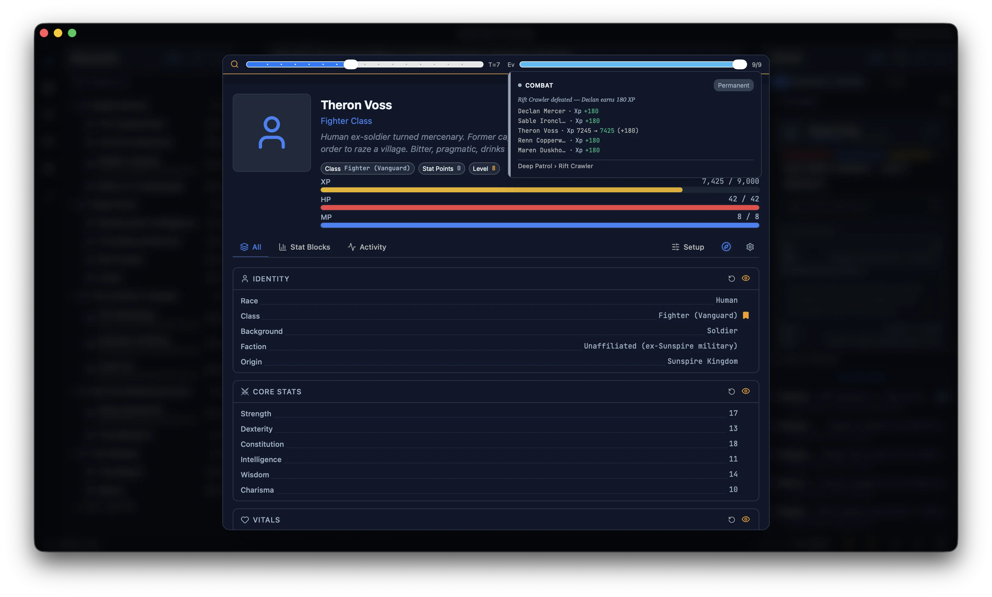 Theron Voss's character sheet after advancing one event — only the XP changed. Every other stat is identical.