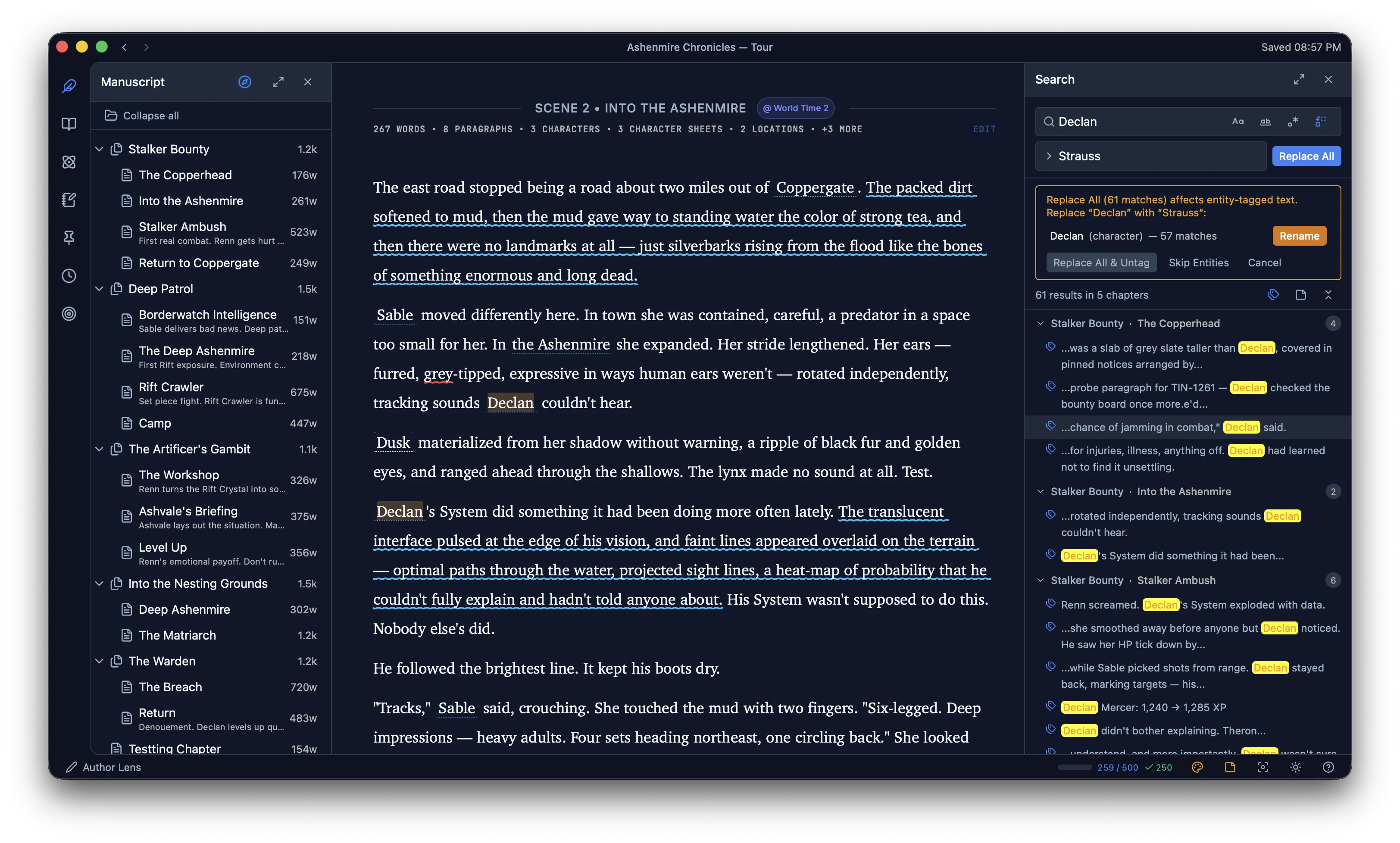 Find and Replace with entity-aware rename dialog — replacing a character name offers to rename the Lexicon entry in sync, keeping manuscript and world database consistent