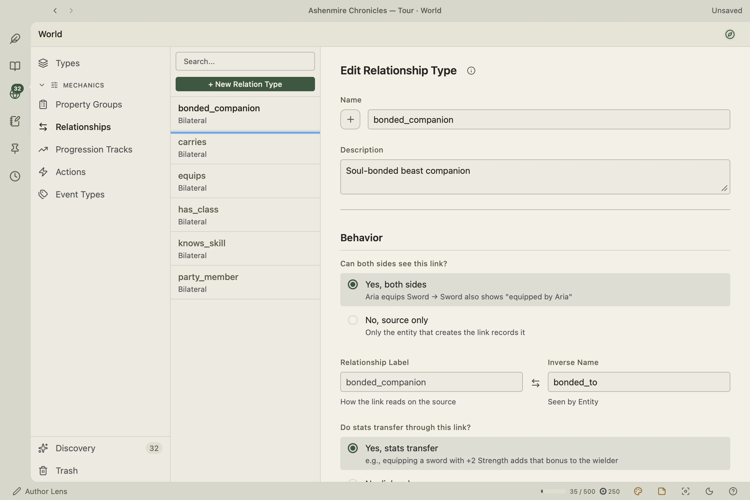 Relation type editor showing bilateral direction, relationship label and inverse name, and the stat-transfer toggle
