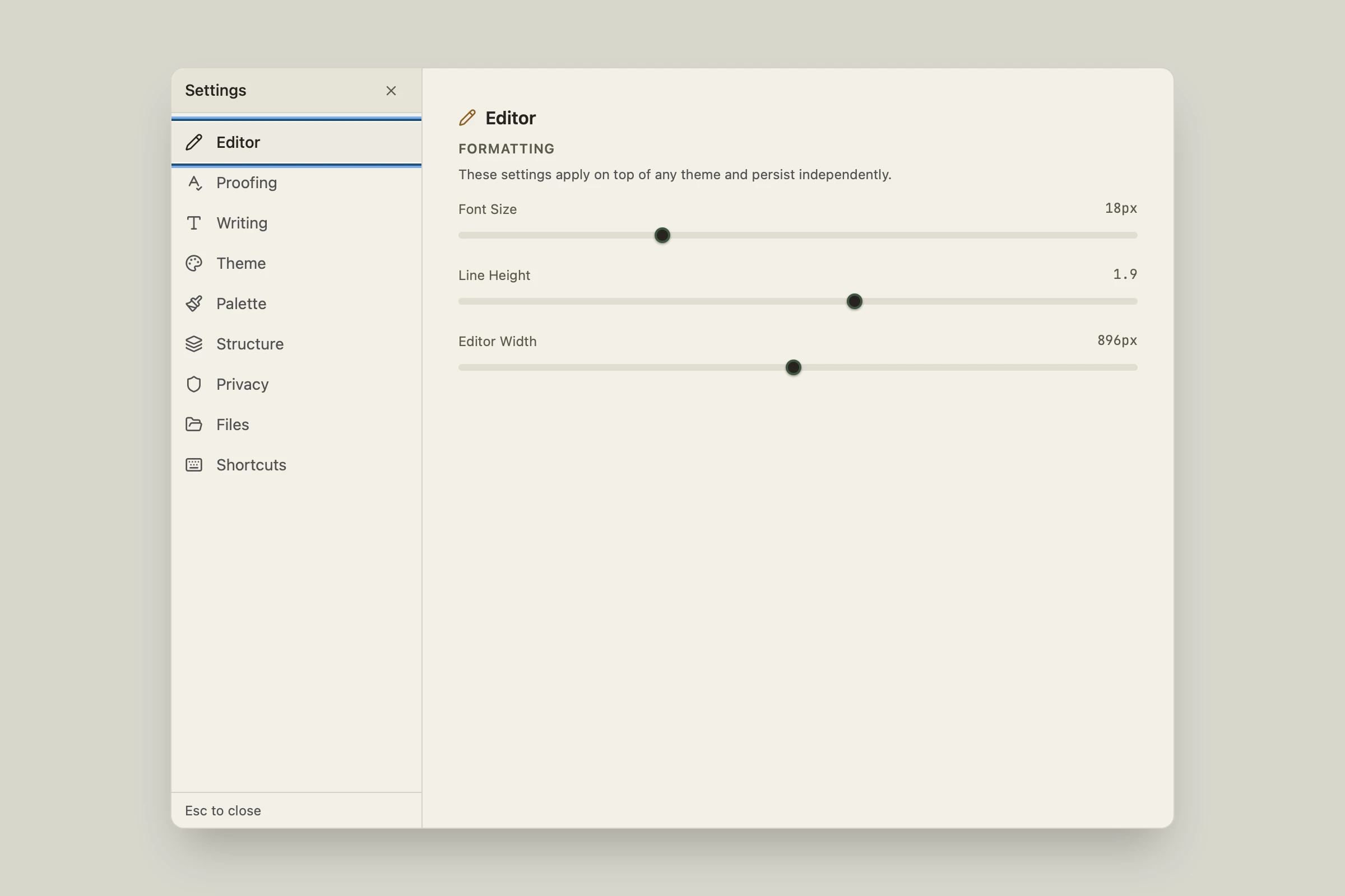 Settings panel with side-nav open to the Editor section, showing font size, line height, and editor width sliders