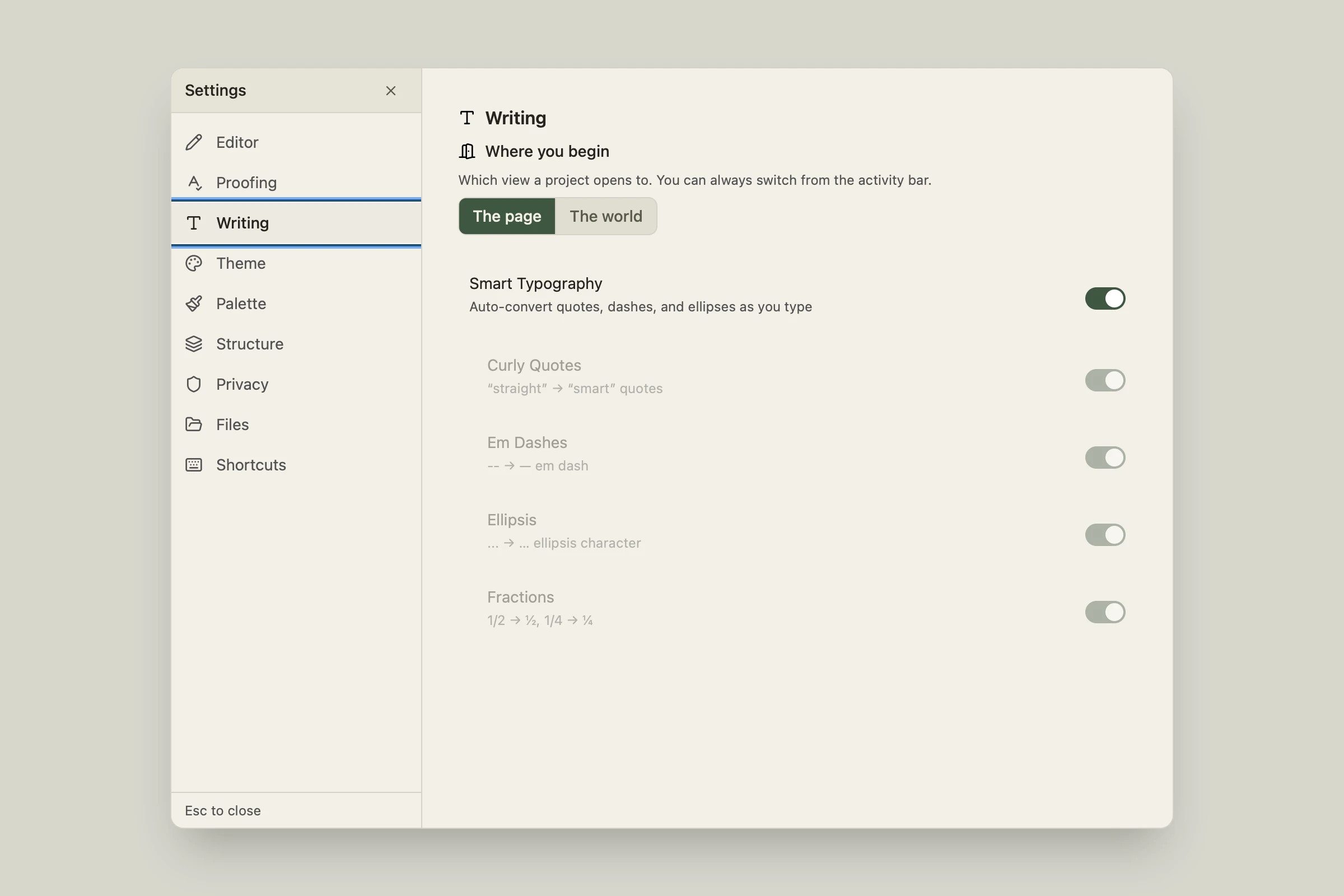 Settings → Writing panel showing the Smart Typography master toggle with Curly Quotes, Em Dashes, Ellipsis, and Fractions sub-toggles