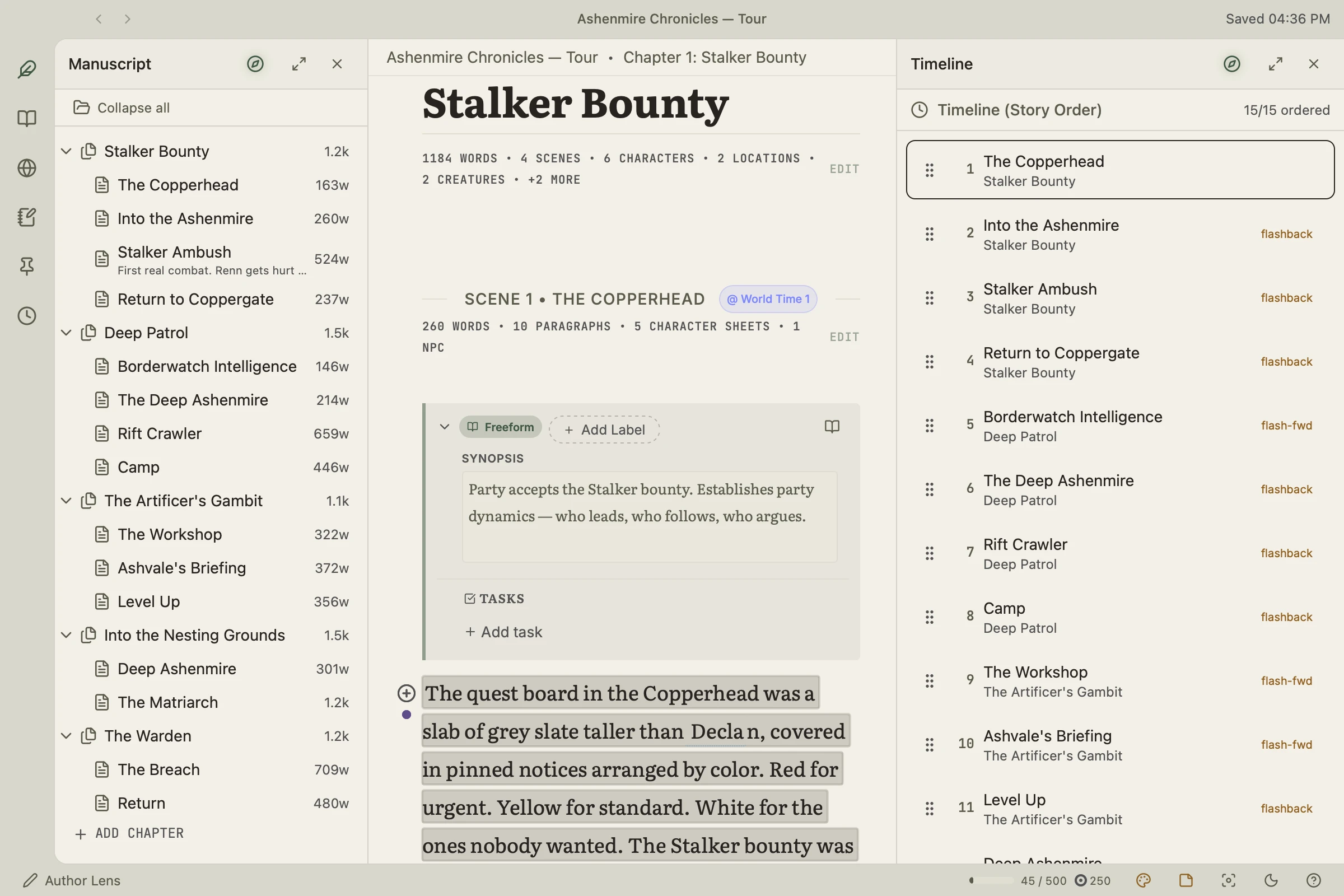 Timeline (Story Order) side panel listing scenes in world-time order with flashback and flash-fwd badges