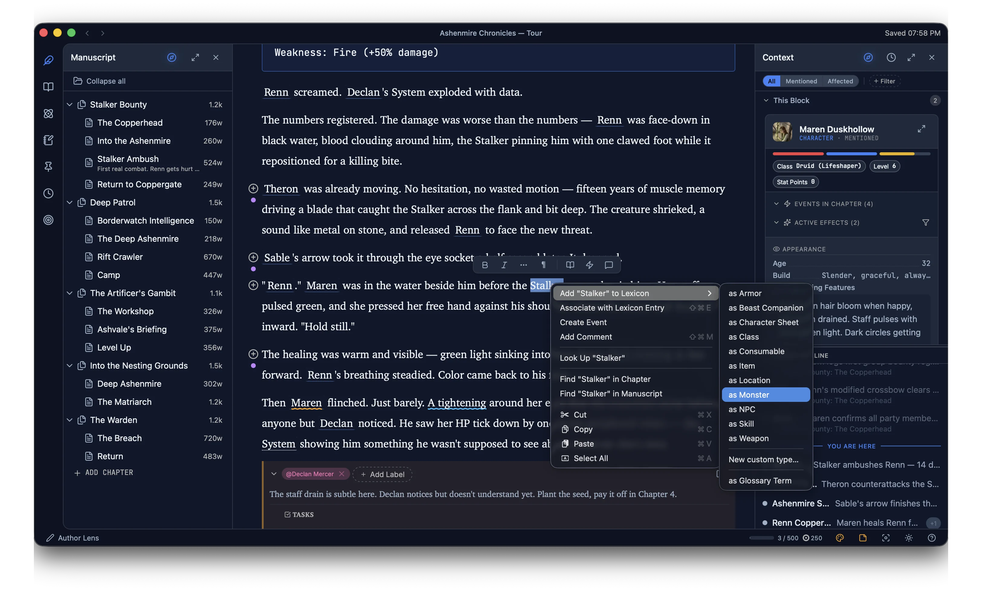 Right-clicking a character name in prose to add them to the Lexicon, immediately linking them as a tracked entity