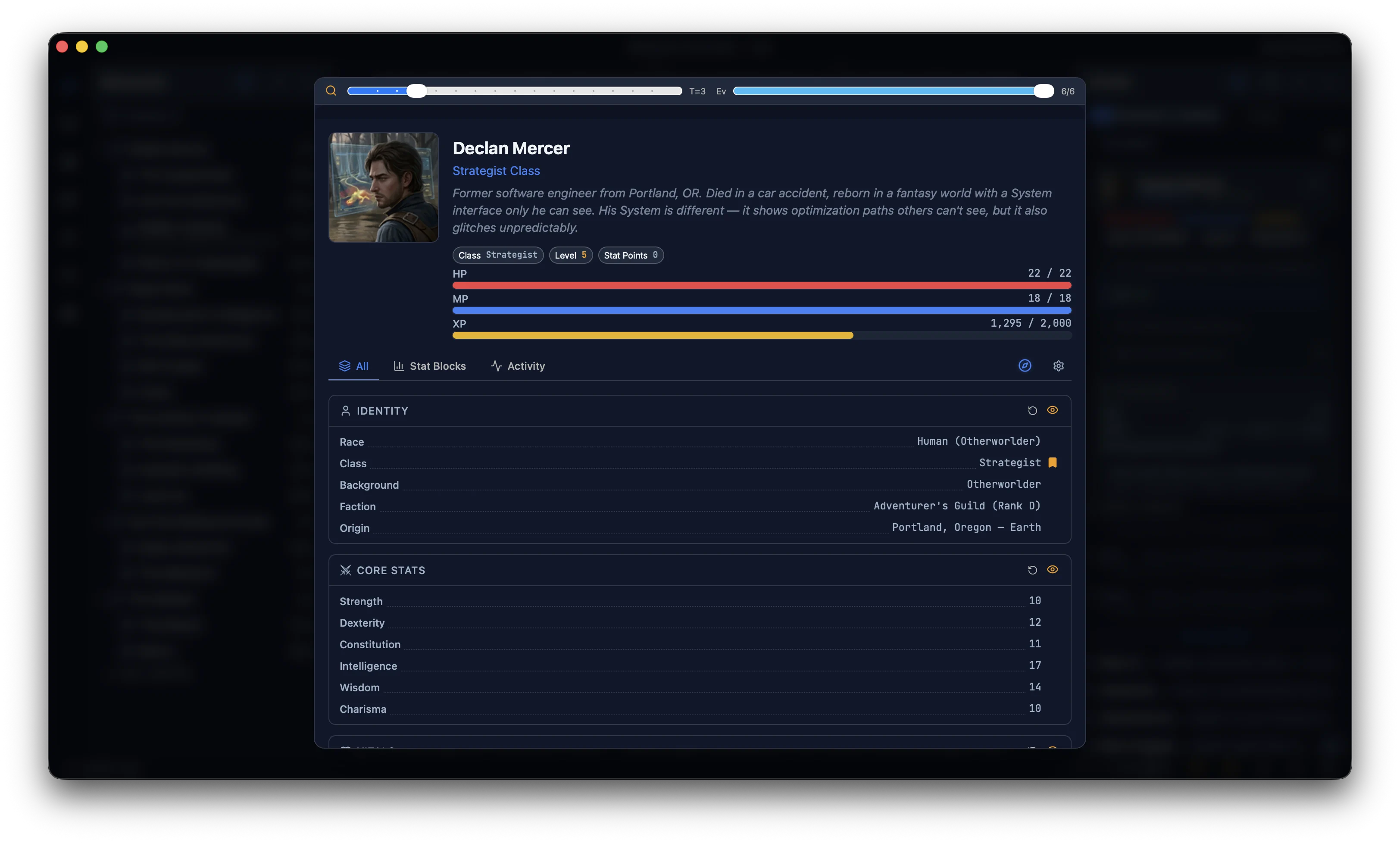 AxiomWeaver character entity showing base stats, derived stats, and equipment grants side by side