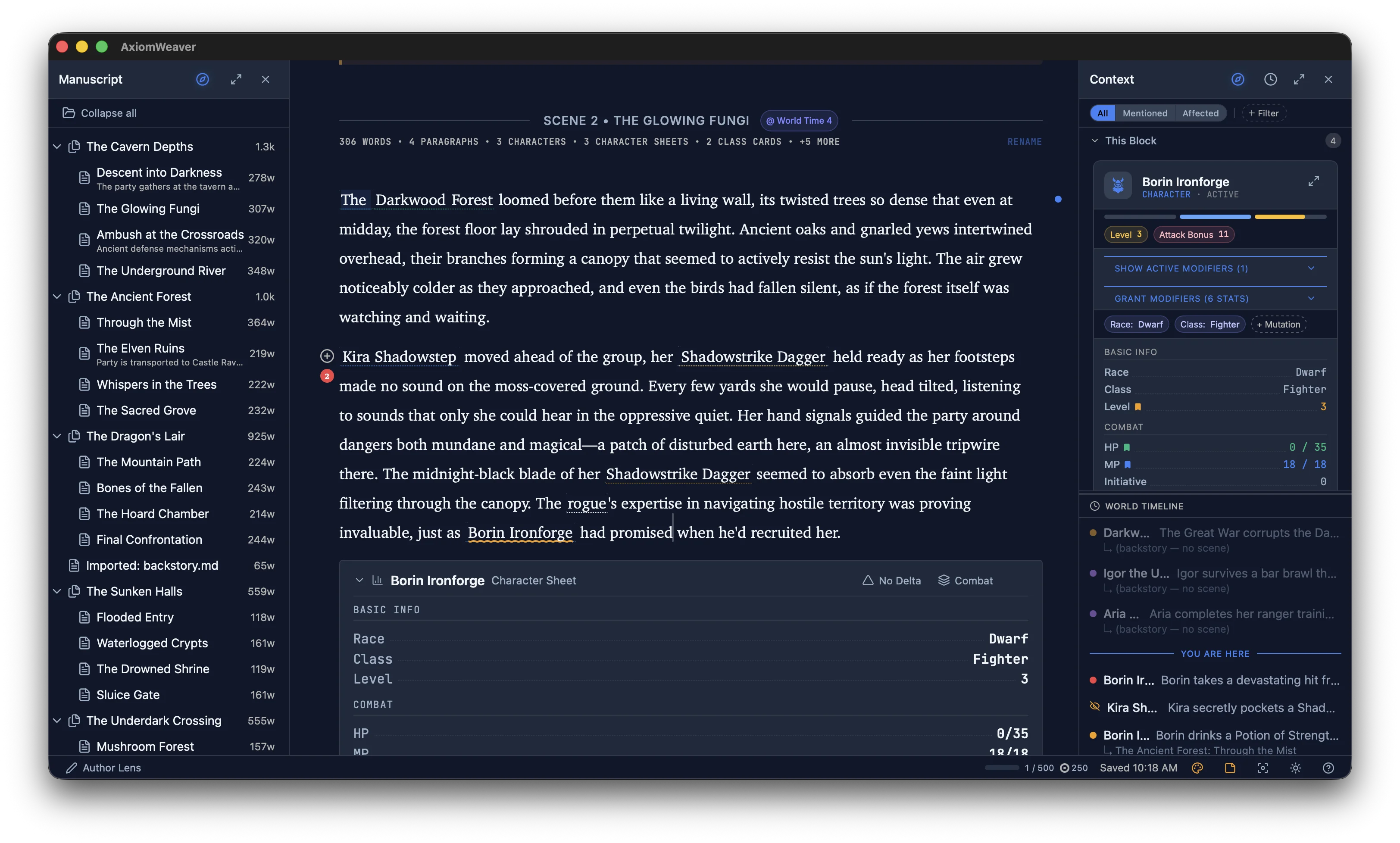 Entity names light up in your prose. Stat blocks render inline. The editor and the world are connected.