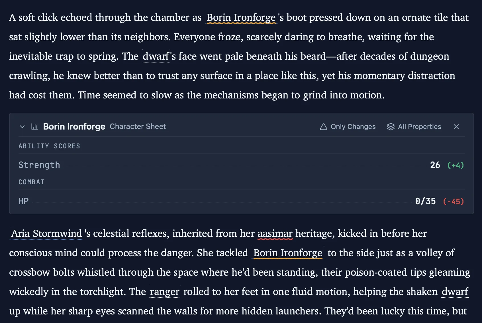 Only Changes mode — Strength gained +4 from a potion, HP dropped to 0 after a trap. Only the stats that changed are shown.
