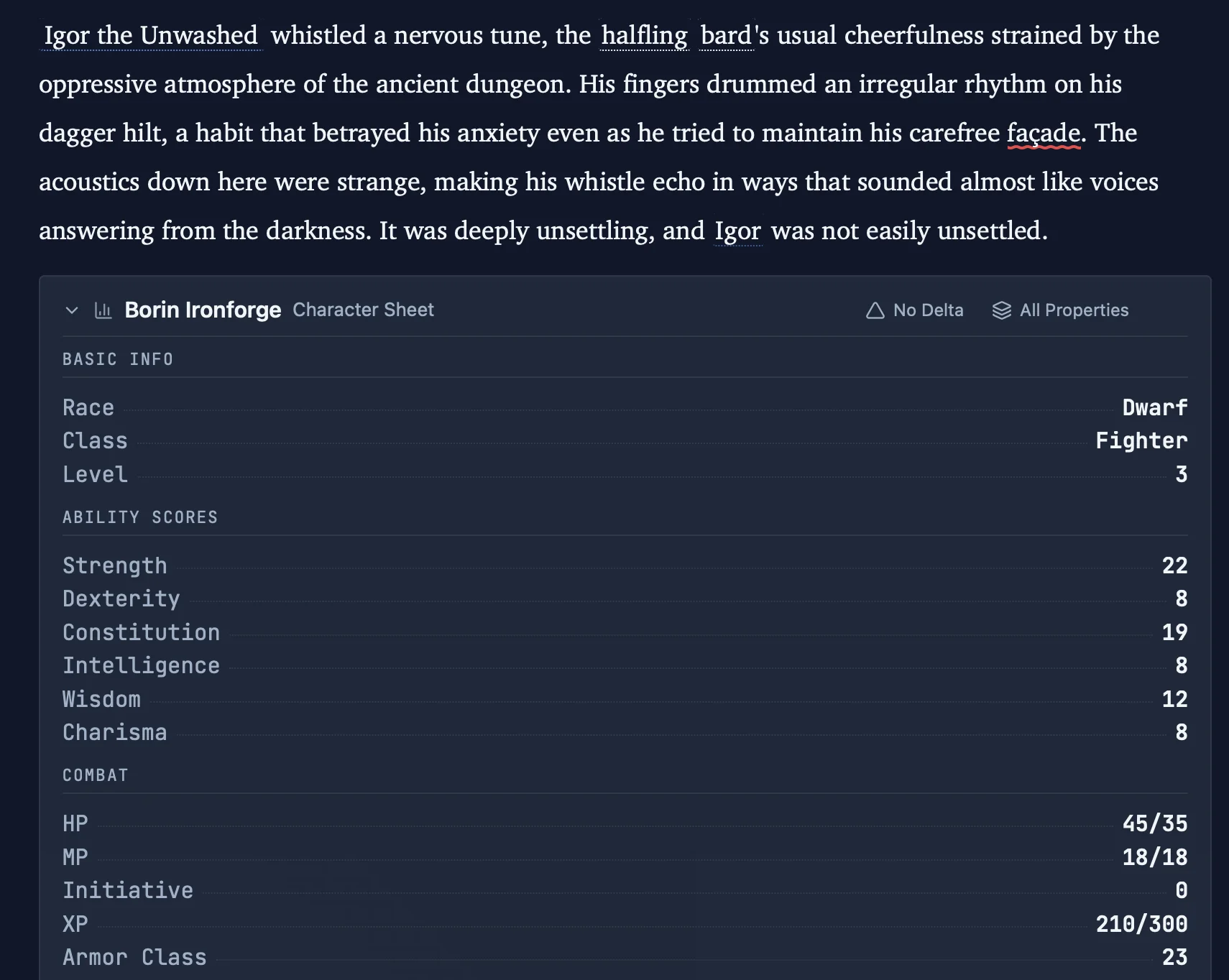Borin's character sheet, rendered inline in the prose. Every stat is computed from the event history up to this scene.