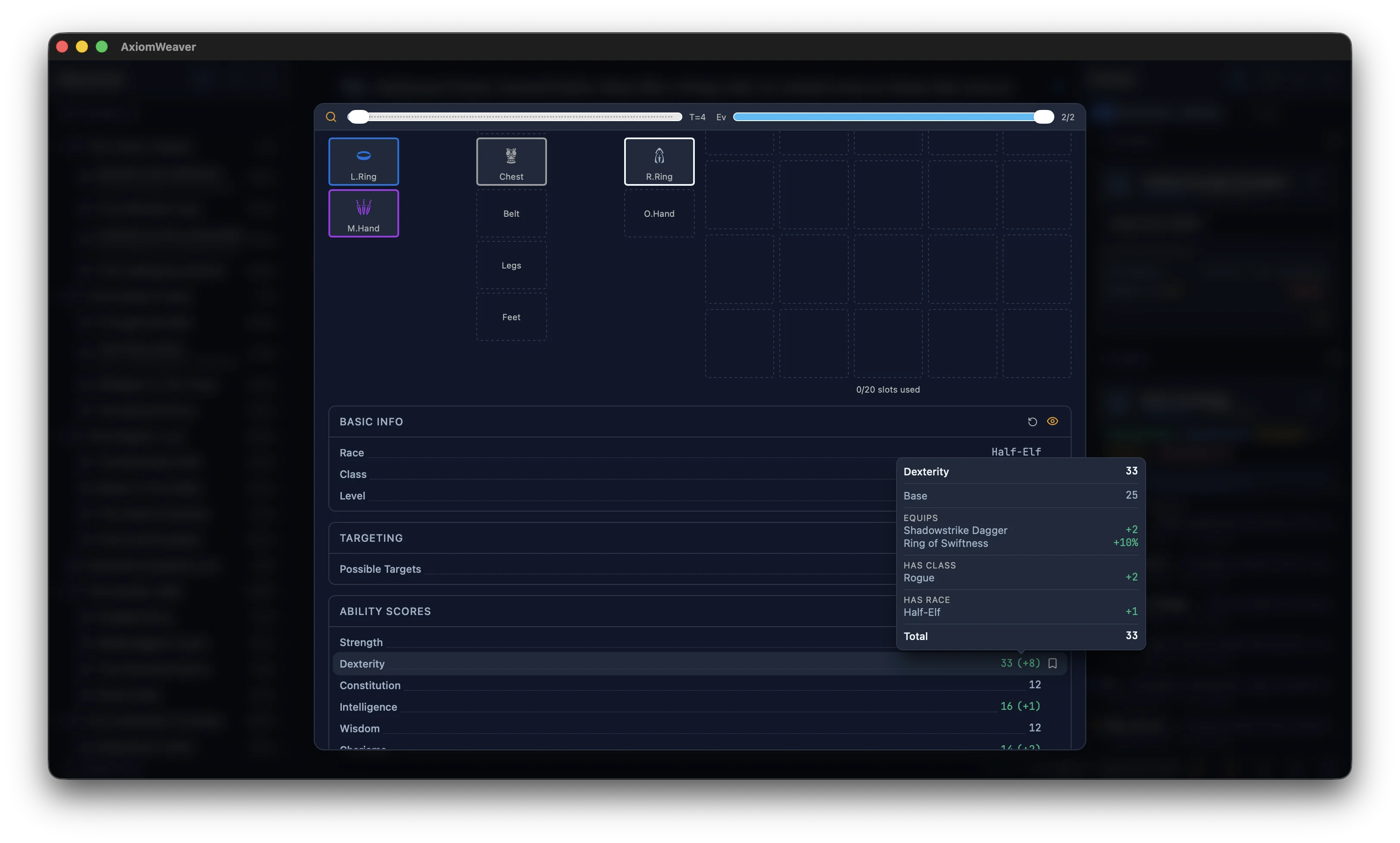 Hover any stat to see where the number comes from — base value, equipment, buffs, everything broken down.